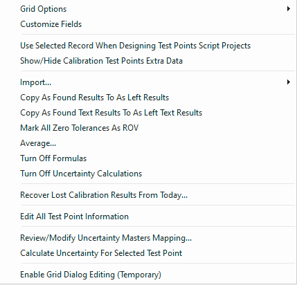 Test Point Grid - Right Mouse Click Options