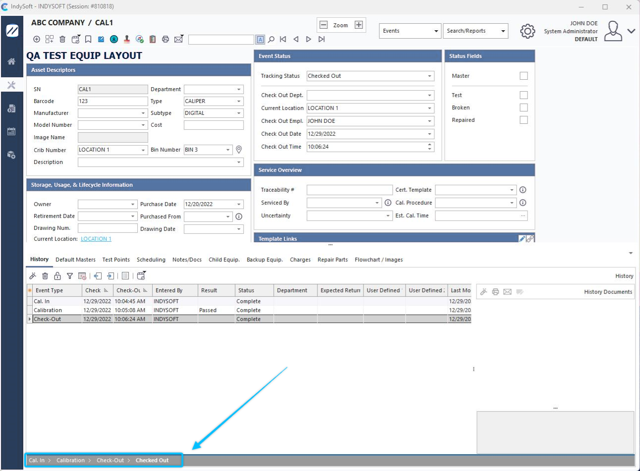 Example - Event Trail on Bottom of Equipment View