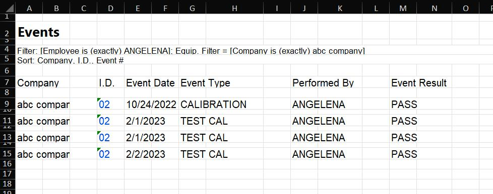 Example Excel Output - if the option is OFF