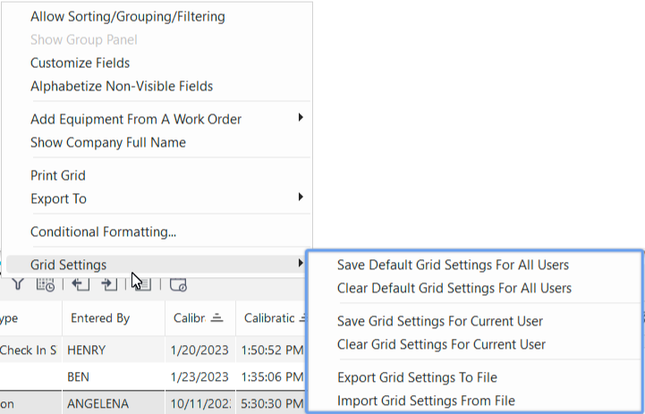 Grid Settings Sub-Menu - Available for Grids