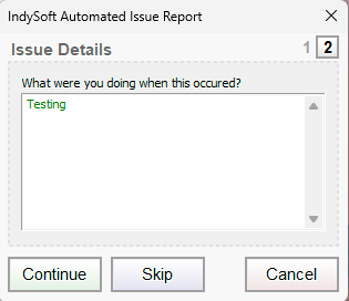 IndySoft Automated Issue Report Dialog - Issue Details - Step 2