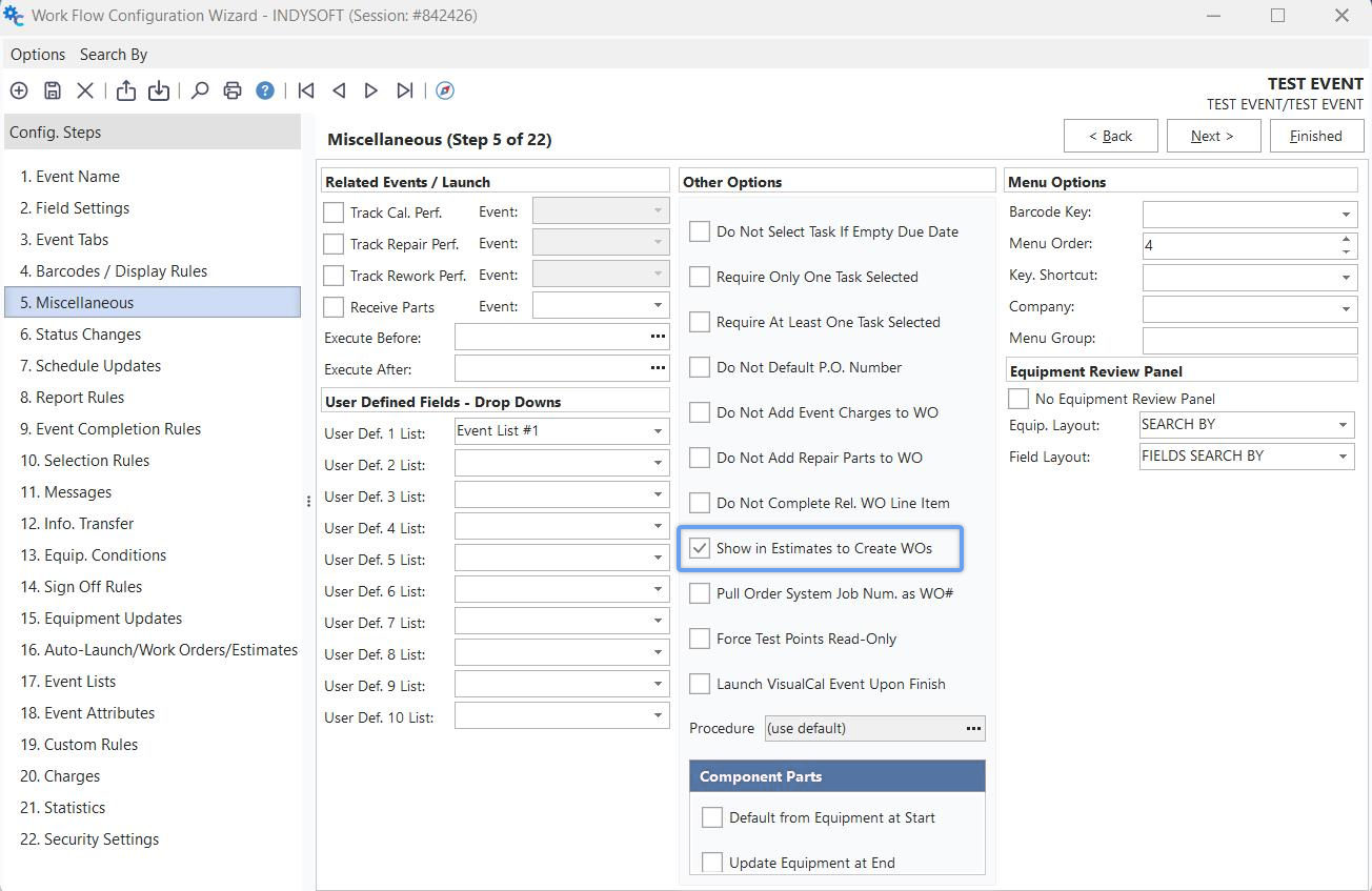 Workflow Config Misc. - Show in Estimates to Create WOs