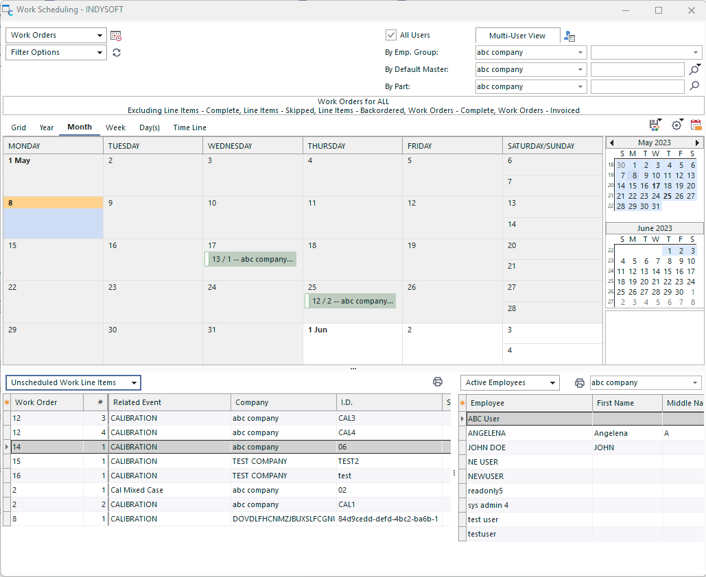 Work Scheduling Module - Main Screen