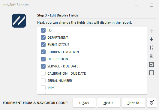 Equipment from a Navigator Group Report Dialog - Step 3