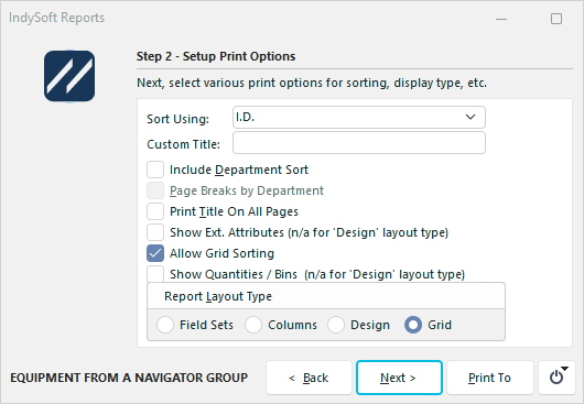 Equipment from a Navigator Group Report Dialog - Step 2