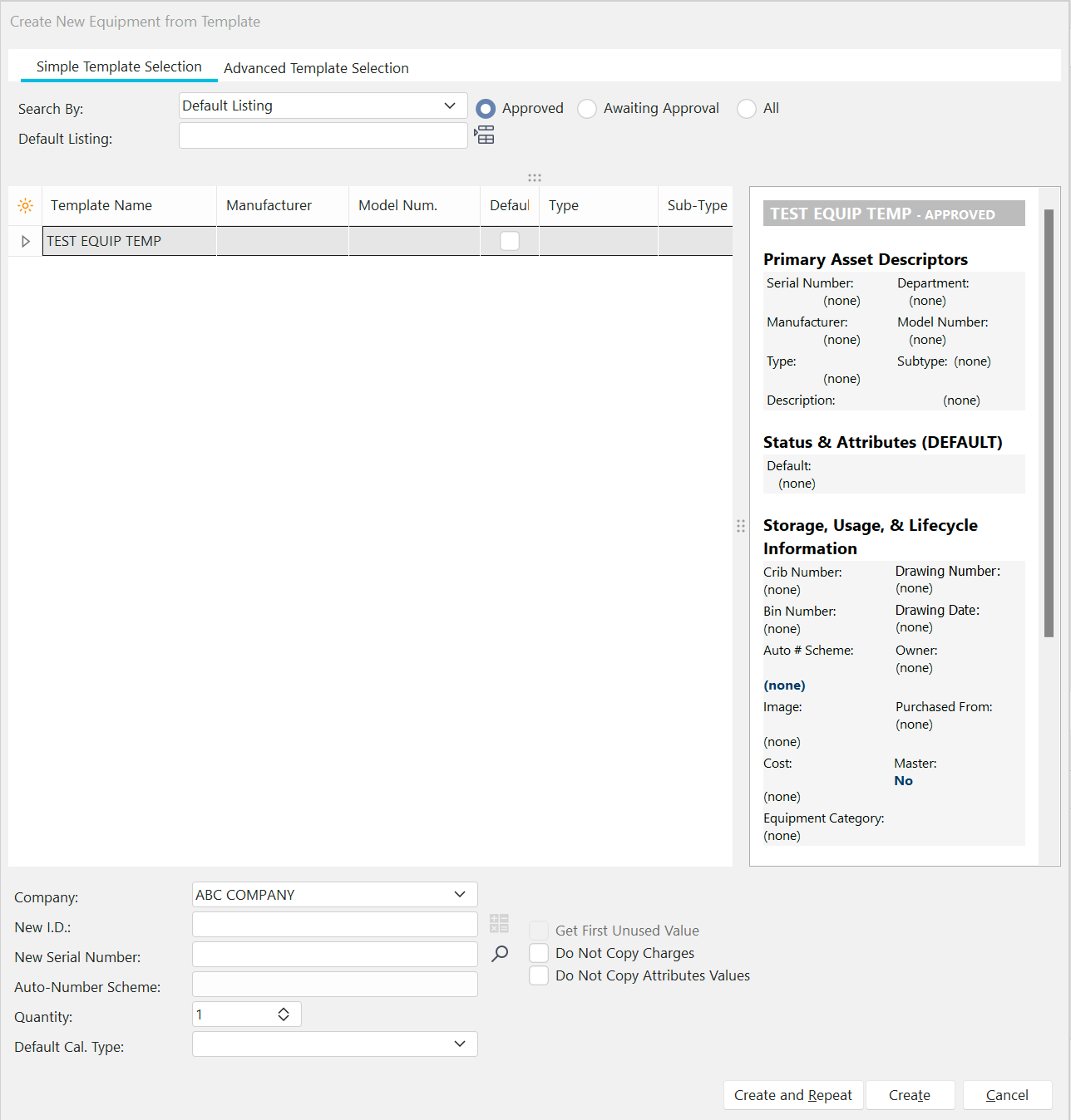 Template Selection Dialog
