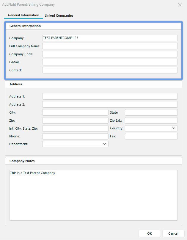 Parent/Billing Company - Step 1 of 3