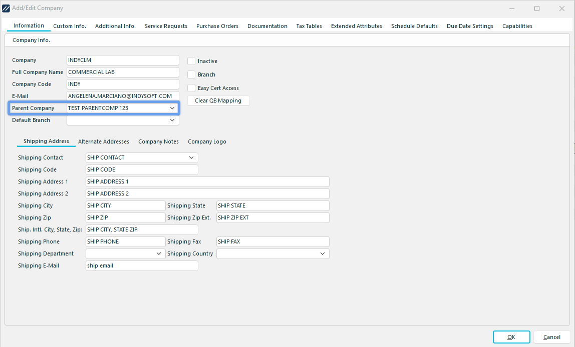 Specify Parent Company - Add/Edit Companies