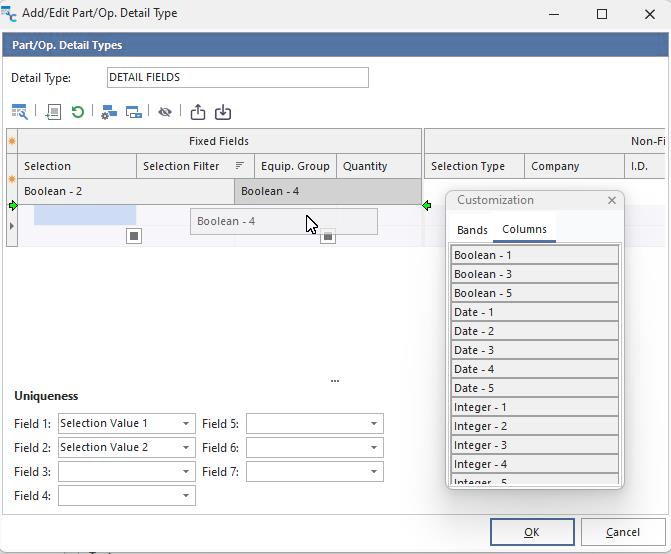 Add/Edit Part/Op. Detail Type - Create New Field Rows