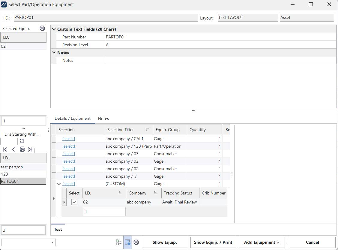 Select Part/Operation Dialog - As Called From Within IndySoft Event