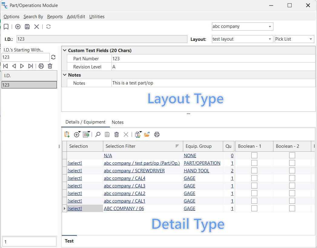 Part/Operations Module - Layout Types and Detail Types