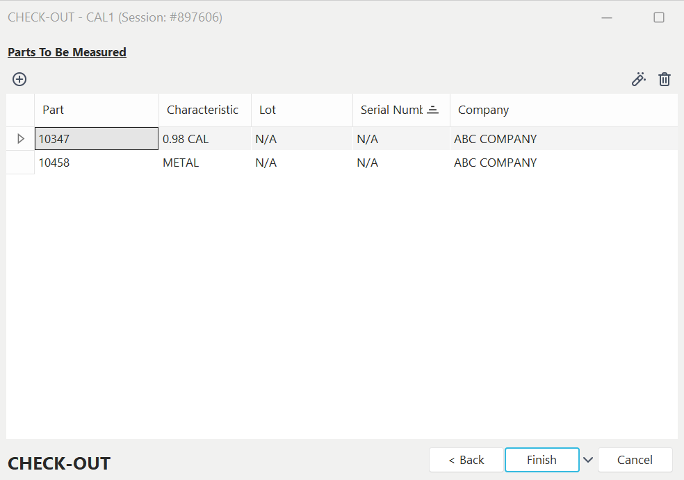 Parts Measured During Check-Out Example