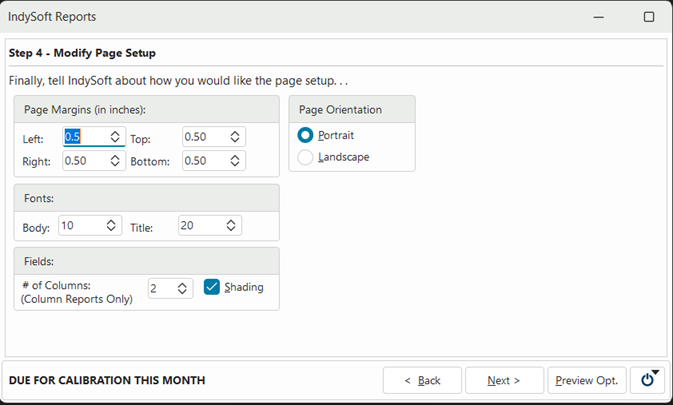 Standard Reports - Modify Page Setup