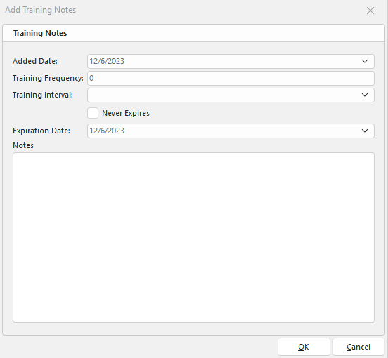 Add Training Notes Dialog