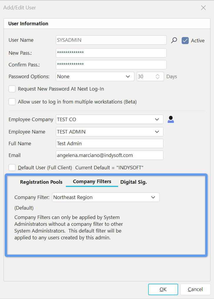 Edit User Dialog - Default Company Filter