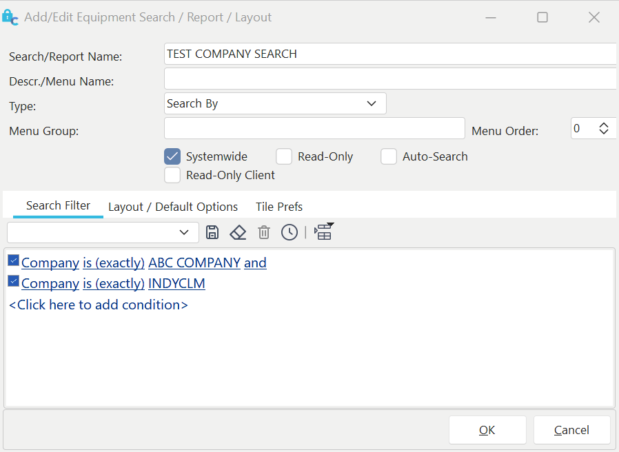 Custom Search By / Report Setup Screen