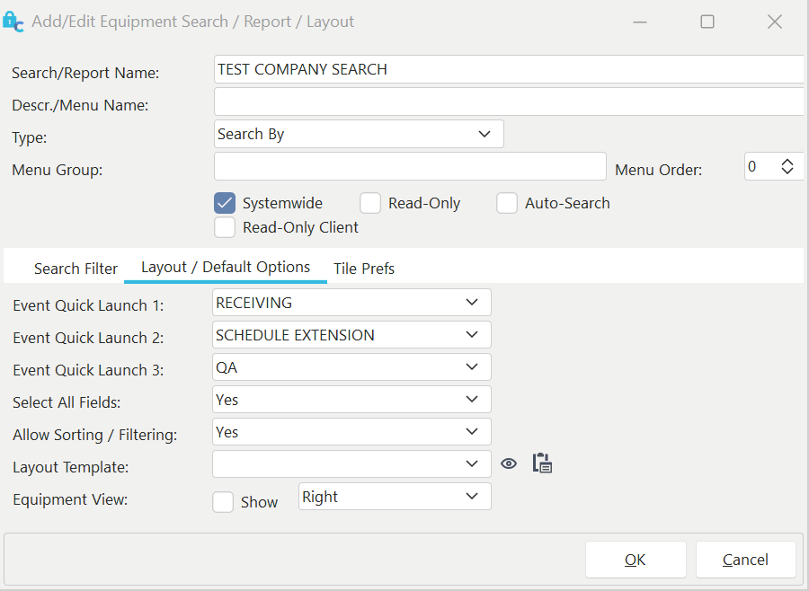 Layout / Default Options - for Search By dialogs