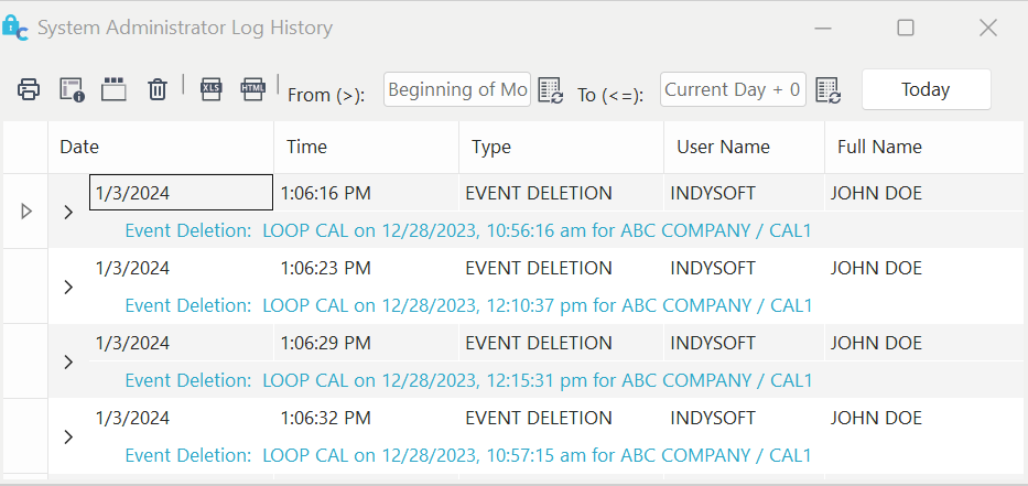 System Administrator Log History Dialog