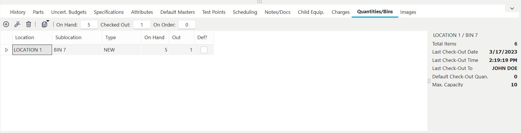 Quantities / Bins Tab/Dialog
