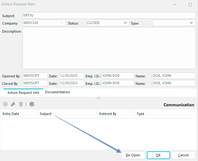 Action Requests - Re-Open Button