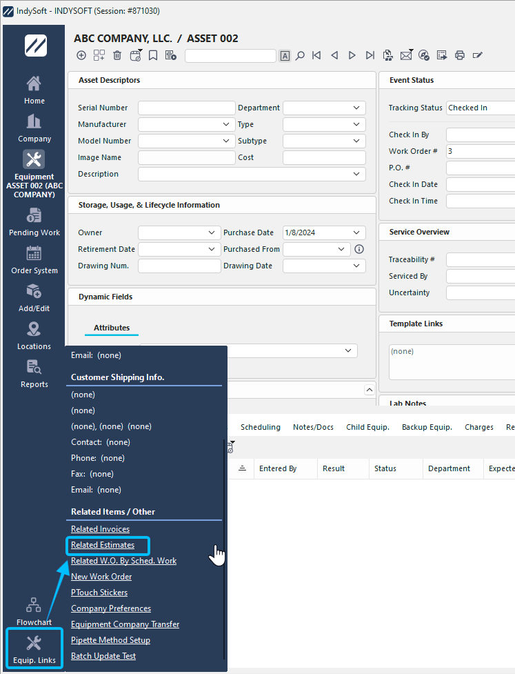 Left-Hand Panel in Equip. Links - Equipment View Options for Related Estimates
