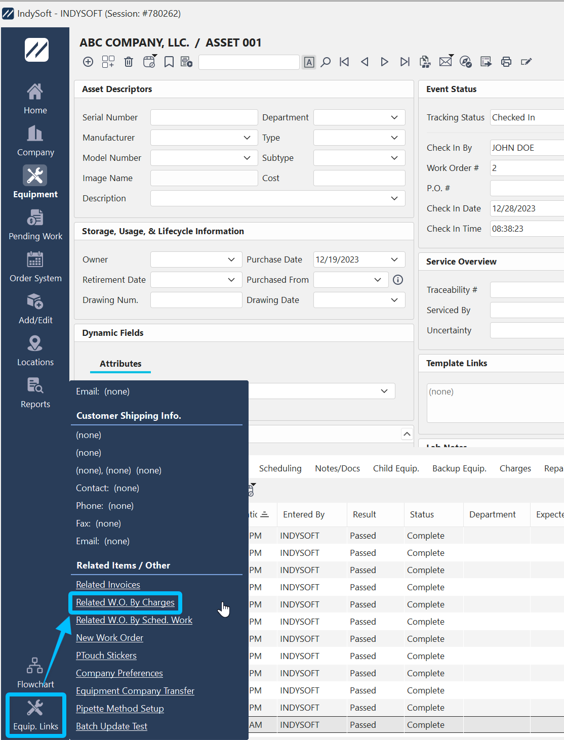 Left-Hand Panel - Equipment View Options for Related Work Orders by Charges