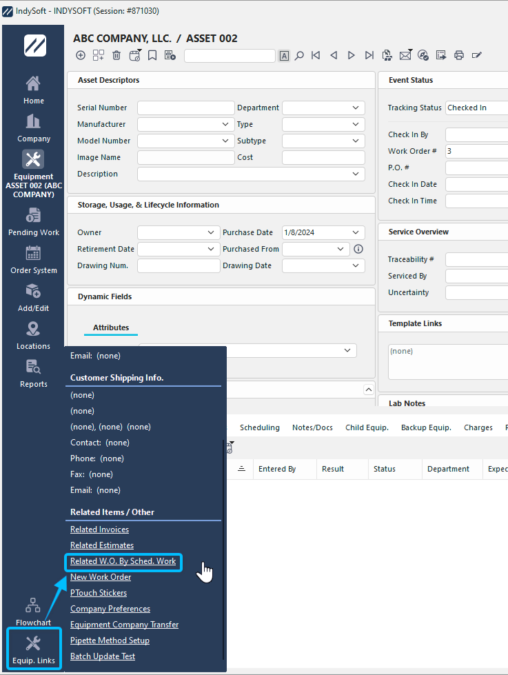 Left-Hand Panel - Equipment View Options for Related WO by Scheduled Work