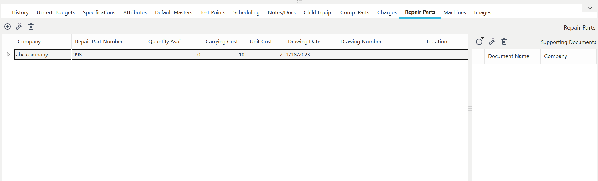 Repair Parts Dialog/Tab