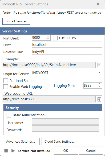 IndySoft REST Server Settings