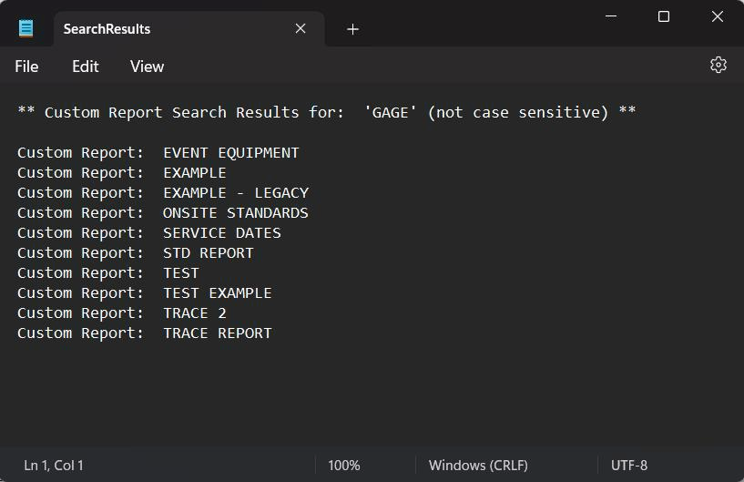 Custom Report Search Results