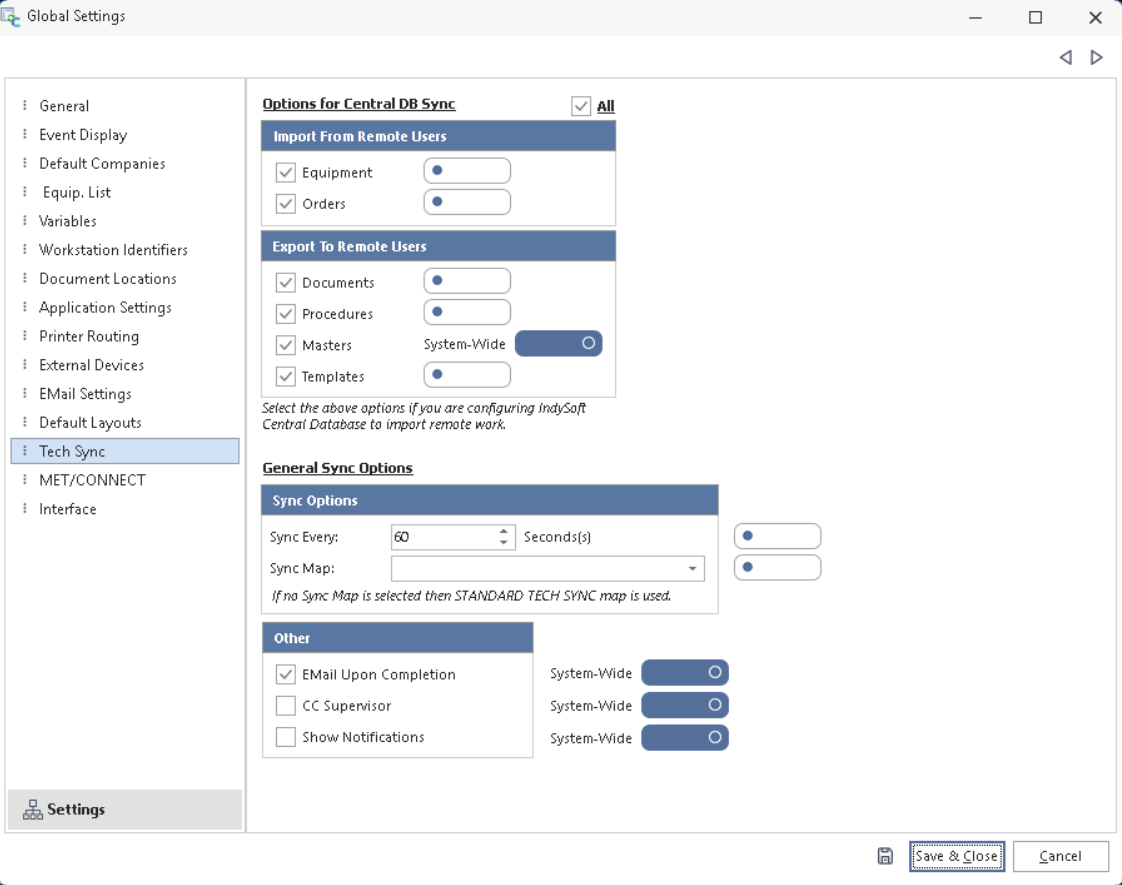 Tech Sync User/Location Settings