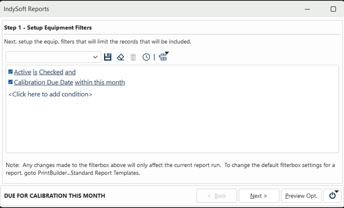 Standard Reports - Setup Equipment Filters