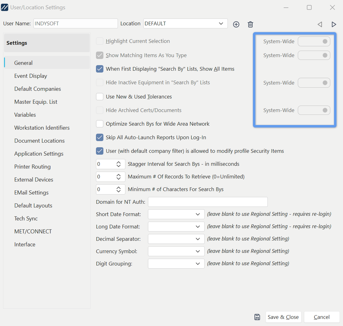 User/Location Settings - System-Wide Overrides