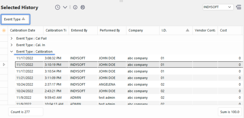 Example - Group Panel with 'Event Type' grouping