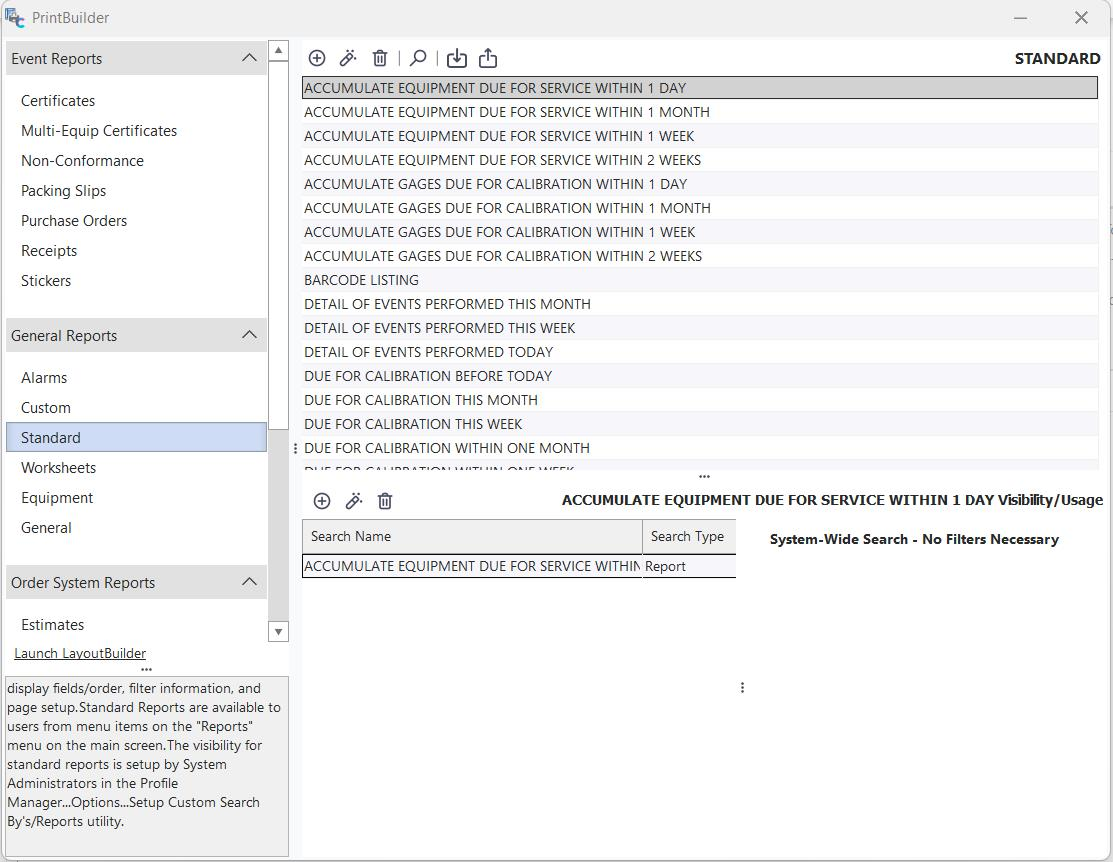 PrintBuilder Standard Reports Dialog