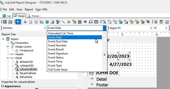 Report Designer - Stickers - Event Fields