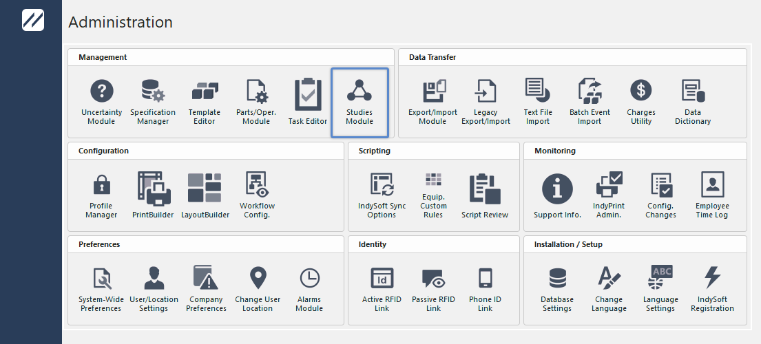 IndySoft Home Screen - Options ... Studies Module