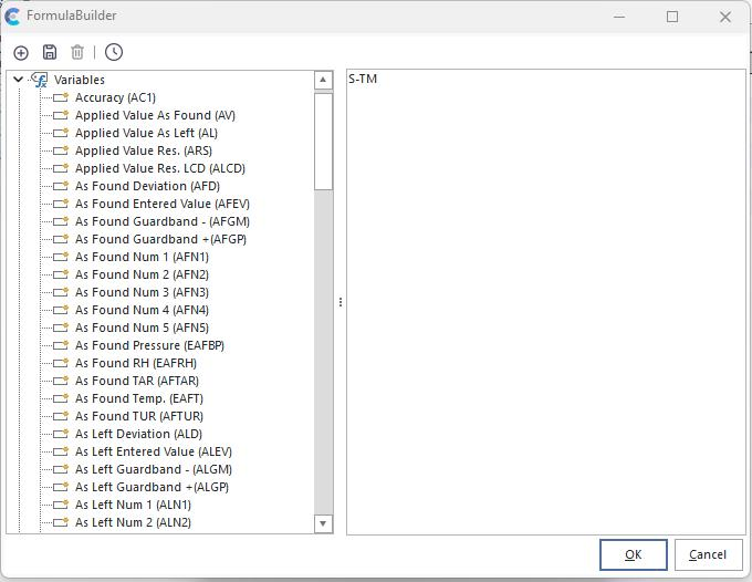 FormulaBuilder uses variables for test point fields to create a formula for the selected value. Other details can be added per Tolerance Type: