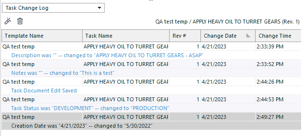 Task Editor - Task Change Log