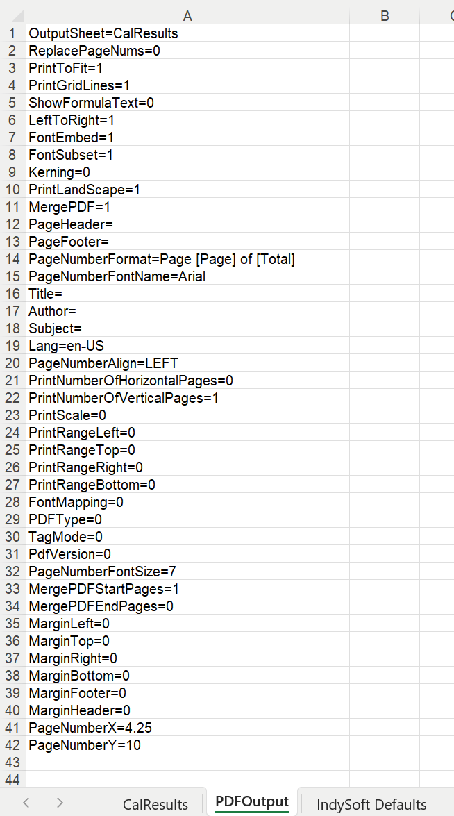 Example - PDFOutput Excel Tab w/ Settings