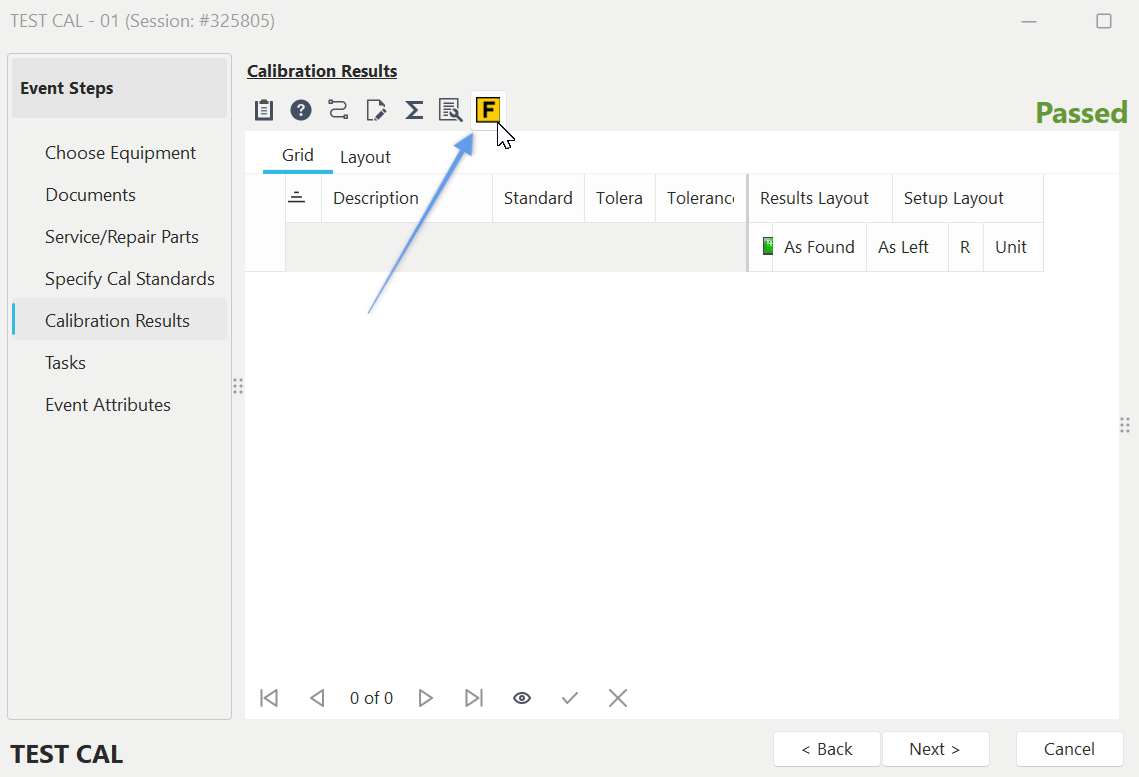 Calibration Results Grid in Events - 'Call Fluke MetCAL Program' button