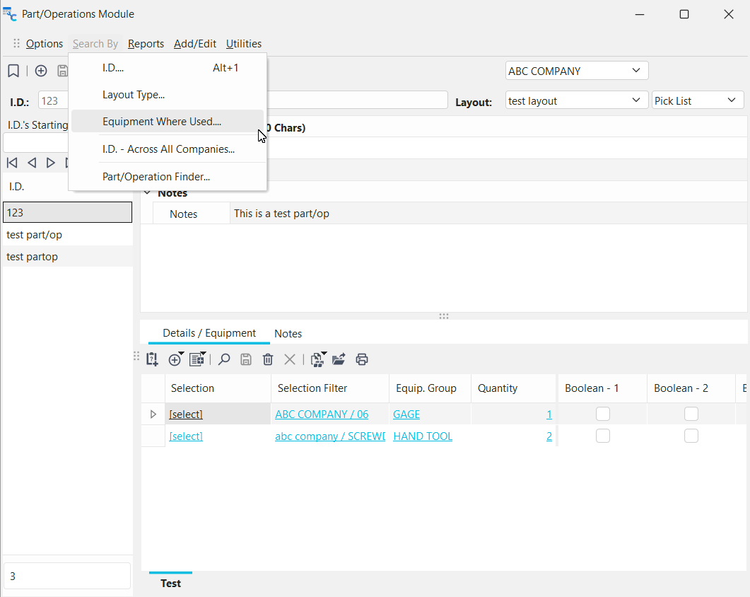 Navigate to Part/Op search by 'Equipment Where Used.'