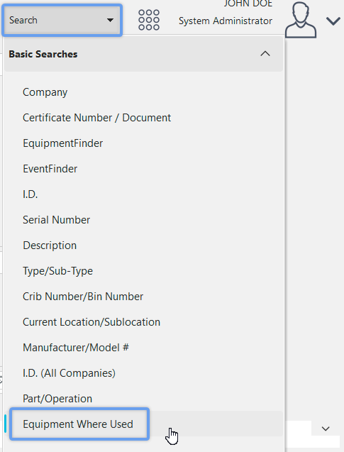 Locating 'Equipment Where Used' Dialog