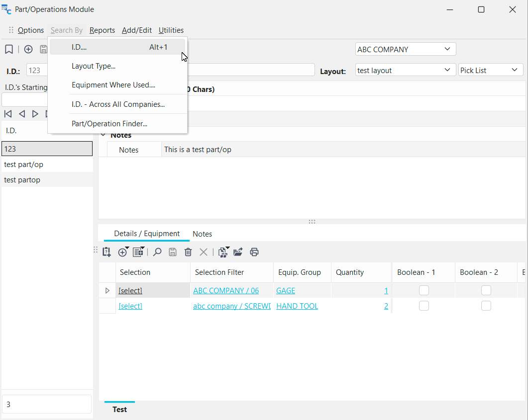 Navigate to Part/Op search by I.D.