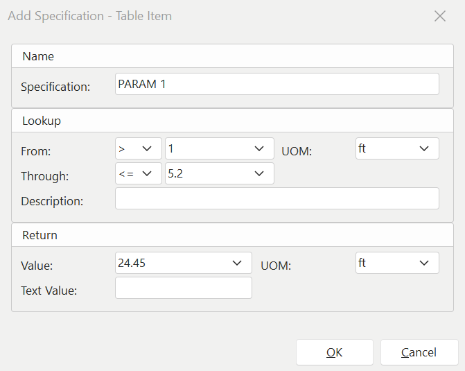 Add/Edit Specification - TABLE ITEM