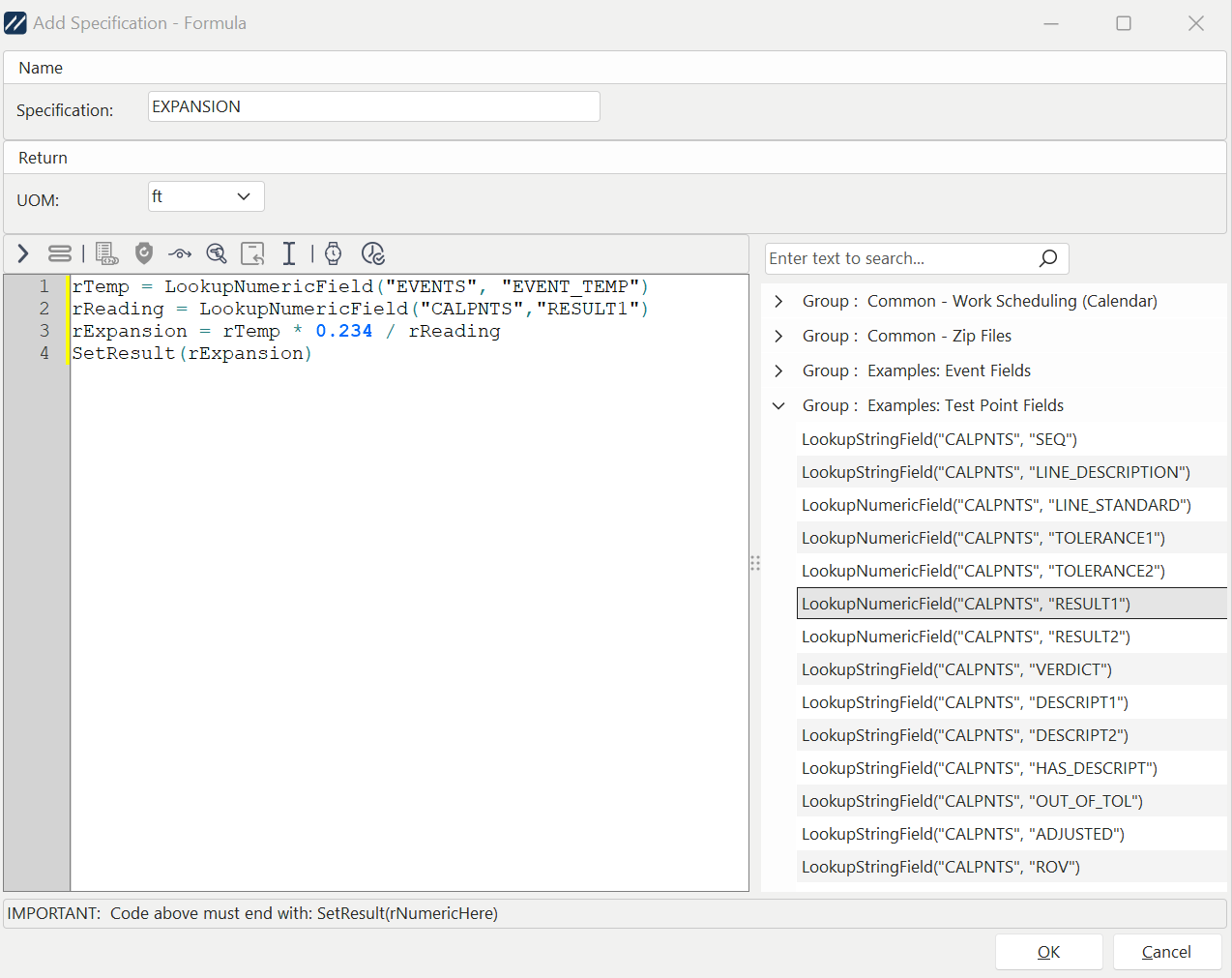 Add/Edit Specification - FORMULA