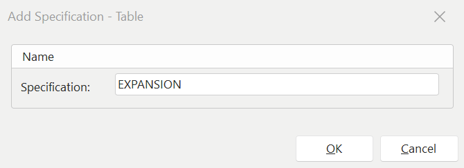 Add/Edit Specification - TABLE