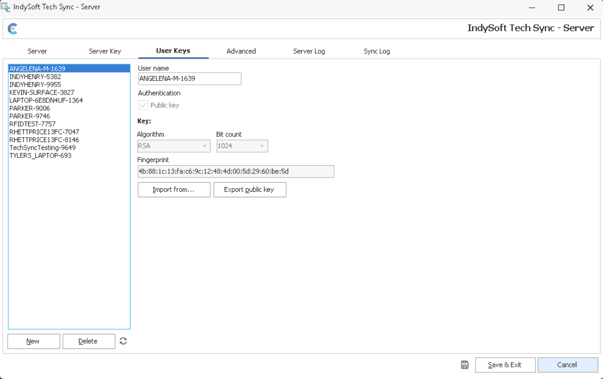 IndySoft Secure Server - User Keys Tab