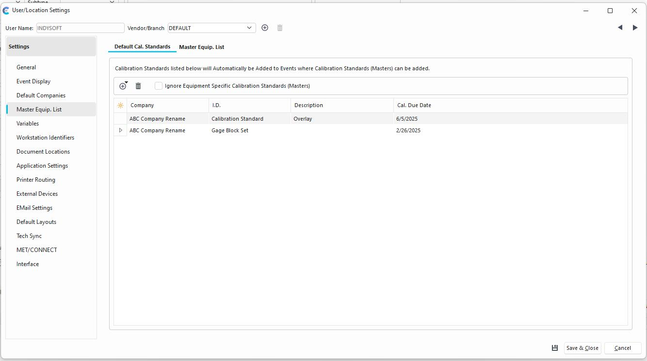 User/Location Settings - Default Cal. Standards