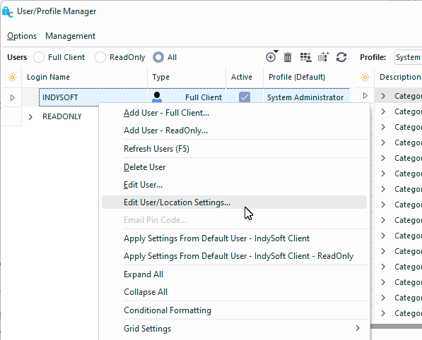 Launch Edit User/Location Settings from Profile Manager